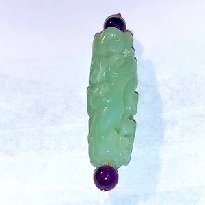 Large Craved Green Jade  Amethyst Pendant